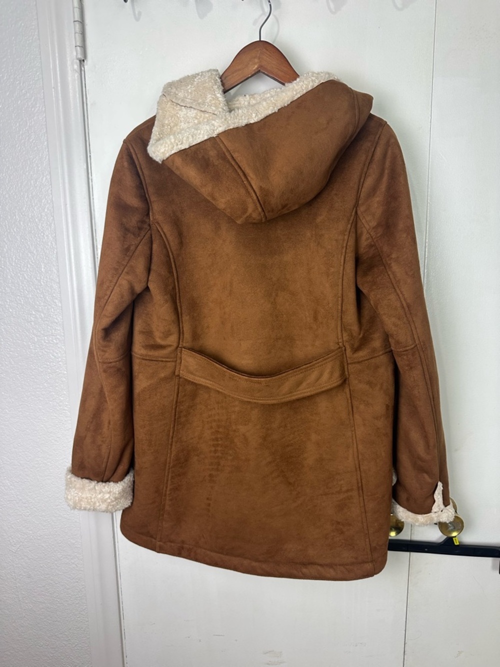 Jones New York Brown Suede-Look Hooded Trench Coat with Cream Sherpa Trim - Picture 2 of 3